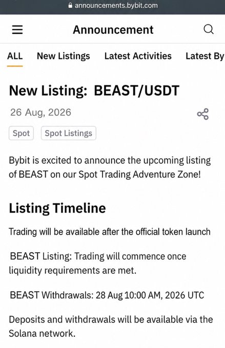 A Bybit announcement page dated 26 Aug, 2026 announcing a new spot listing for the BEAST/USDT trading pair on the Solana network, with withdrawals scheduled for 28 Aug 10:00 AM UTC.