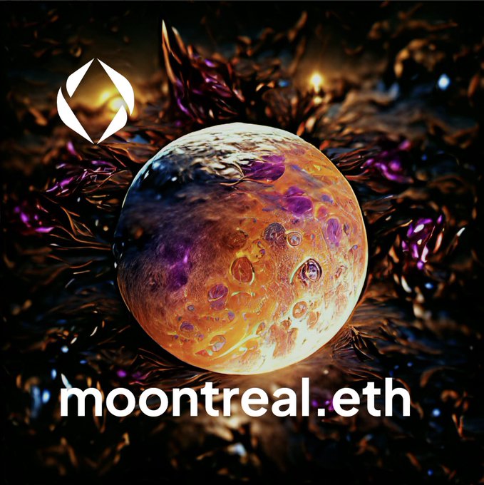 A promotional graphic for 'moontreal.eth' featuring a glowing, colorful planet or moon against a dark, crystalline background with a diamond-shaped logo.