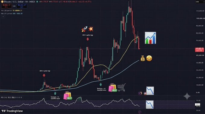 The image is a TradingView chart of Bitcoin/U.S. Dollar (BTCUSD) on a monthly timeframe, displaying price history with annotations marking the "2021 cycle top," "2021," and "2024 cycle top," alongside emojis depicting a rocket at the peaks, a briefcase labeled "BOT" at the bottoms, and a money bag near a "bottom → 6+ months later" label, visually illustrating BTC's historical cycle pattern of peaking in Q4 of the post-halving year and bottoming 12-13 months later.