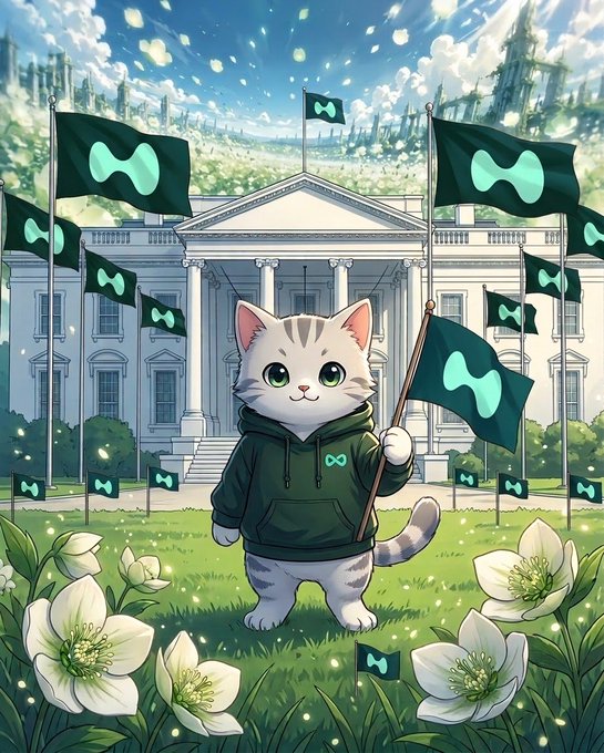 An illustration of a cute cat in a green hoodie holding a flag, surrounded by many similar flags and white flowers, set against a classical white building and a sky with floating light orbs.