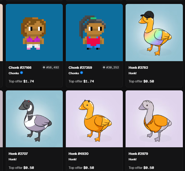 A screenshot of an NFT marketplace displays pixel-art "Chonk" characters (#27166 and #27369) with top offers of $1.74 alongside illustrated "Honk" goose characters (#3782, #2707, #4920, and #2979) with top offers of $0.50, supporting the post's observation about owning both collections.
