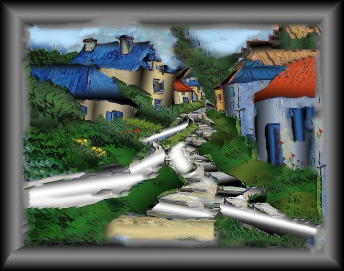 A framed, painterly image depicting a winding stone path leading up a lush green hillside toward quaint houses with blue and red roofs.