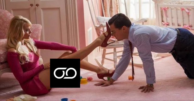 Scene from a movie showing a man in a shirt and tie examining a woman's high-heeled shoe in a pink room, with a CG logo watermark overlaid.