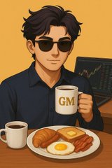 Stylized illustration of a man in sunglasses holding a mug labeled 'GM' next to a breakfast plate with bacon, eggs, and croissants.
