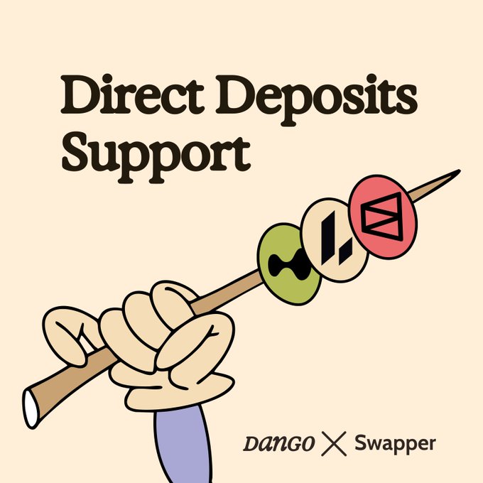 A graphic featuring the text "Direct Deposits Support" above an illustration of a cartoon hand holding a spear with the logos of Fanatics, Lighter, and Hyperliquid, branded with "Dango × Swapper." The image visually reinforces the post's announcement of streamlined direct deposits from Hyperliquid, Lighter, and Polymarket into Dango via Swapper, symbolizing the simplified, frictionless user experience described.