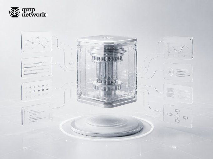A futuristic white quantum computer or server device is displayed in a transparent cube with the 'quip network' logo in the upper left corner.