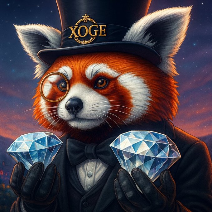 A regal red panda wearing a top hat emblazoned with "XOGE" holds two sparkling diamonds, symbolizing the token's rarity and the value created through burning supply despite lower prices. The diamonds visually reinforce the post's message that massive token burns reduce circulating supply, setting the stage for a parabolic price surge.