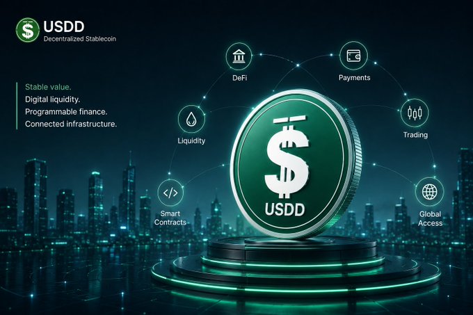 Another promotional graphic for USDD Decentralized Stablecoin, displaying a large green coin on a pedestal surrounded by icons for DeFi, Payments, Trading, Global Access, Smart Contracts, and Liquidity.