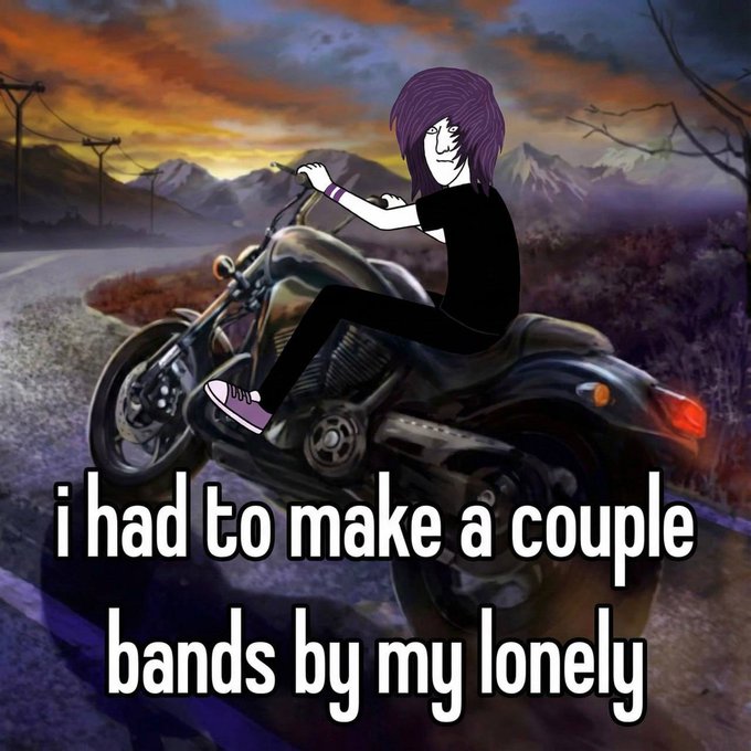 A cartoon figure with purple hair rides a motorcycle down a scenic mountain highway, captioned "i had to make a couple bands by my lonely." The image's "lone rider" theme parallels the post's discussion of chains navigating the crypto trenches independently to stay culturally relevant, suggesting that even without direct community support, solo conviction can still drive bullish outcomes.