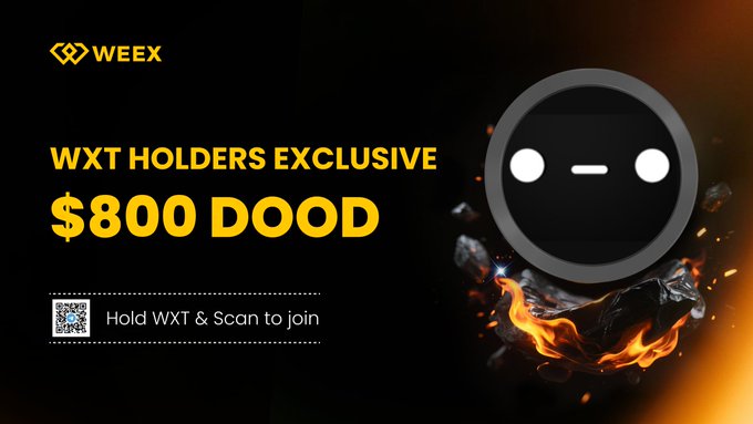A WeEX banner for a DOOD token giveaway, displaying "WXT HOLDERS EXCLUSIVE $800 DOOD" and "Hold WXT & Scan to join" next to a doodle-style character icon. The graphic promotes a community event where WXT holders can enter to win a share of $800 in DOOD tokens.