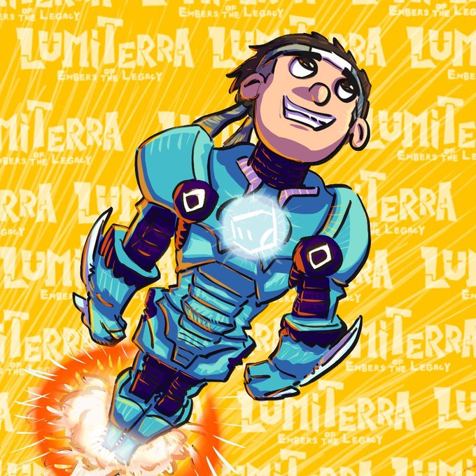 The image features a cartoon superhero character in blue armor with a glowing emblem on his chest, set against a yellow background patterned with "LumiTerra: Embers the Legacy" text and logos. It relates to the post "GLumi to those who say GLumi Back" by showcasing the LumiTerra brand in a fun, mascot-style illustration.