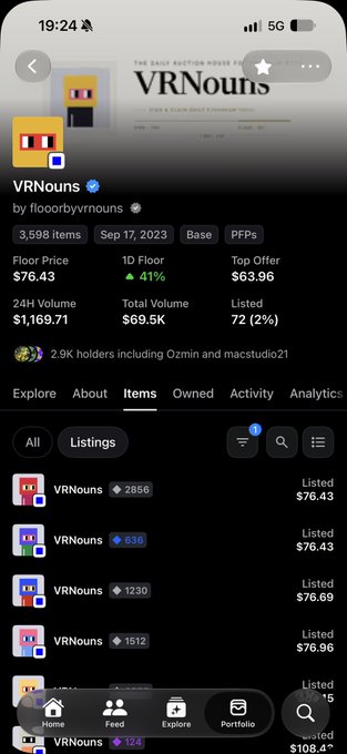 Screenshot of the OpenSea collection page for VRNouns by flooobyvrnouns, showing a floor price of $76.43, 24-hour volume of $1,169.91, and 3,598 items, with the accompanying tweet encouraging support to push toward a $1 million market cap milestone.
