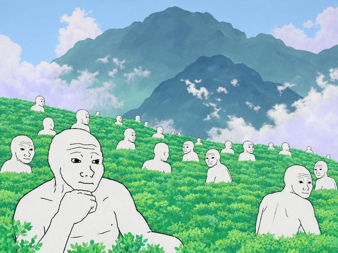 A contemplative "Wojak" figure sits in a lush green field surrounded by a meditating army of identical Wojaks, with misty mountains in the background. The scene visually reinforces the post's "return to the mountains" and "$WOJAK" message, evoking a spiritual or philosophical homecoming tied to the Wojak crypto community's mainnet launch.