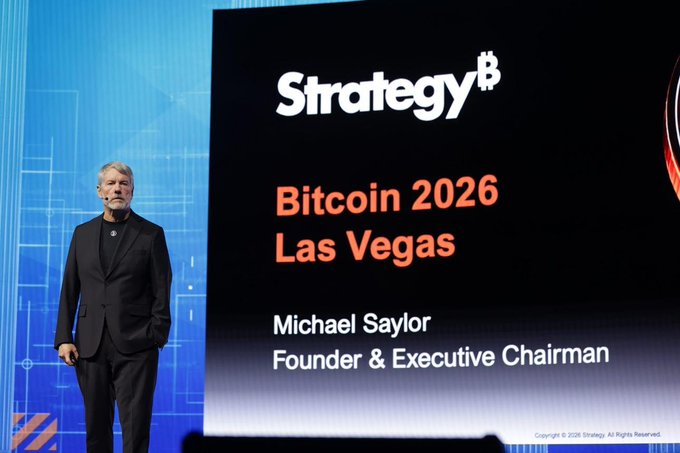 Michael Saylor, Founder & Executive Chairman of Strategy, presenting on stage at the 'Bitcoin 2026 Las Vegas' conference.