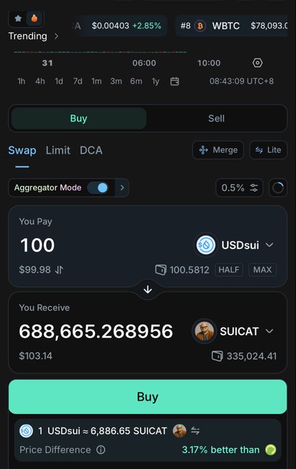 A cryptocurrency swap interface showing a trade of 100 USDsui for 688,665.268956 SUICAT tokens, with a price rate of 1 USDsui ≈ 6,886.65 SUICAT.