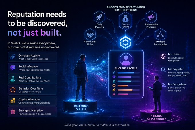 An infographic for "NUCLEUS PROFILE" explaining how reputation is discovered in Web3, highlighting features like on-chain activity, social influence, and real contributions.
