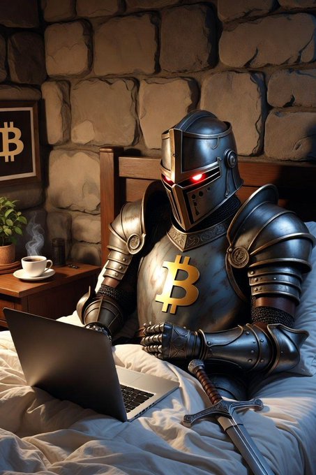 A digital illustration depicts an armored knight with a glowing red visor, wearing a Bitcoin logo on its chest, sitting on a bed while using a laptop, with a sword and a Bitcoin sign in the background.