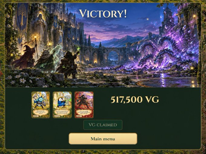 A fantasy-themed video game 'VICTORY!' screen showing characters facing a purple dragon-like creature, with 3 cards displayed and a reward of '517,500 VG' that has been 'VG CLAIMED'.
