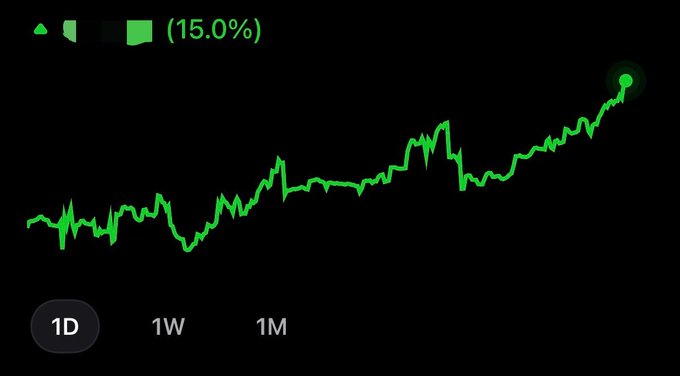 A green stock chart shows a 15.0% gain, with timeframes displayed as 1D, 1W, and 1M (1D selected), visually confirming the poster's celebration of recovering losses with the "chain green asffff."
