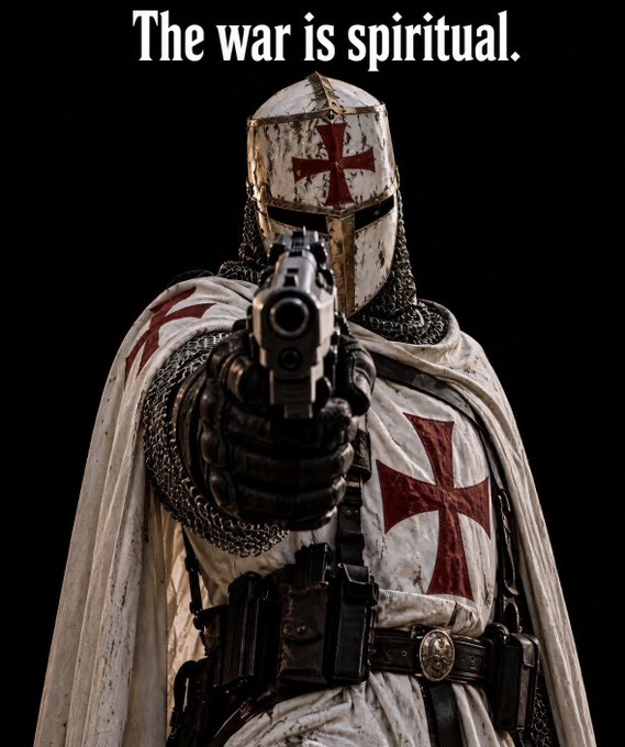An AI-generated image of a Templar knight in white robes with red crosses pointing a gun directly at the viewer, with the text 'The war is spiritual.'
