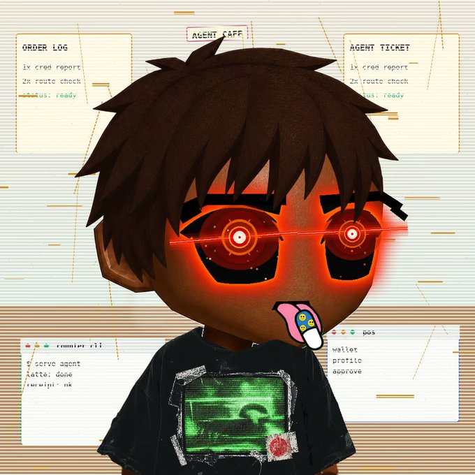 An illustration of a chibi-style character with glowing red laser eyes, wearing a black t-shirt featuring a green smiley face, set against a background of computer windows labeled 'ORDER LOG', 'AGENT CAPP', and 'AGENT TICKET'.