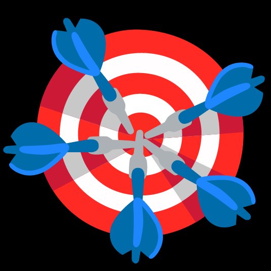 An illustration of a red and white bullseye target with five blue darts hitting the center.