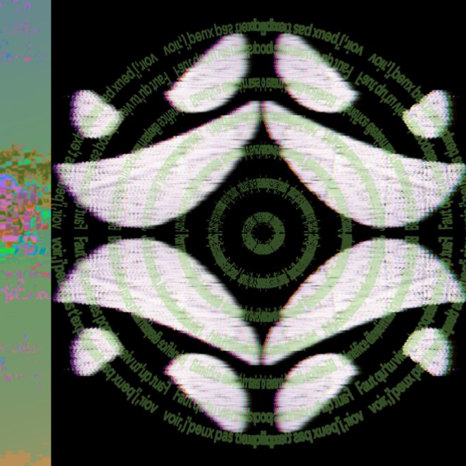 A digital art piece displaying a symmetrical, kaleidoscopic eye-like design with French text scattered across a black background.