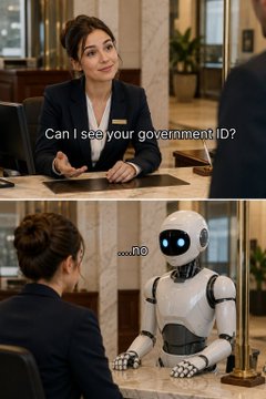 A meme showing a receptionist asking a robot, "Can I see your government ID?" to which the robot replies "....No."