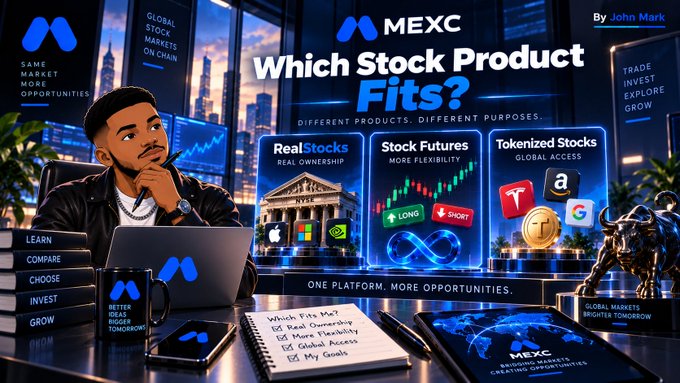 A promotional graphic for MEXC featuring a man at a laptop, headlined "Which Stock Product Fits?" and comparing three options—RealStocks, Stock Futures, and Tokenized Stocks—against a city skyline backdrop, with a bull statue and "By John Mark" credit, directly illustrating the post's question about matching MEXC's stock products to specific user needs.