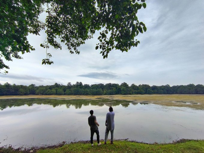 Two people stand by the edge of a calm lake, gazing out over the still water toward a tree-lined shore under an overcast sky. The serene natural scene contrasts with the post's promotional focus on digital wellness, suggesting a peaceful moment of reflection rather than the tech-driven themes mentioned.