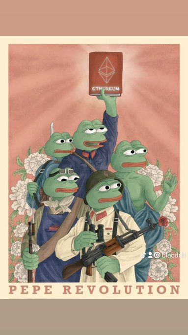 An illustration styled like Soviet propaganda art titled 'PEPE REVOLUTION' features several Pepe the Frog characters depicted as revolutionary soldiers, with one holding up a red Ethereum flag.