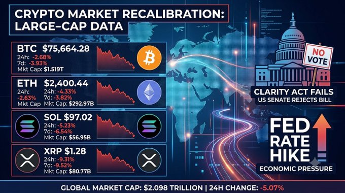 A crypto market infographic titled 'CRYPTO MARKET RECALIBRATION: LARGE-CAP DATA' showing BTC at $75,664.28, ETH at $2,400.44, SOL at $97.02, and XRP at $1.28, with notes that 'CLARITY ACT FAILS' and 'FED RATE HIKE' amid a global market cap of $2.098 trillion (-5.07%).