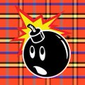 An illustration of a black cartoon bomb with a lit fuse against a red plaid background.