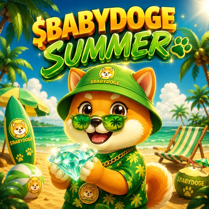 A cheerful Shiba Inu character wearing a green "$BABYDOGE" bucket hat and palm tree sunglasses holds a sparkling diamond on a sunny beach, with the bold text "$BABYDOGE SUMMER" displayed above. The tropical scene, complete with palm trees, a beach chair, surfboard, and coconut drink, reinforces the playful summer crypto meme theme tied to the $BABYDOGE token.