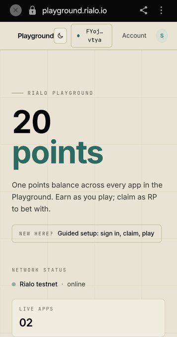 A screenshot of playground.rialo.io showing '20 points' with text 'One points balance across every app in the Playground. Earn as you play; claim as RP to bet with.'