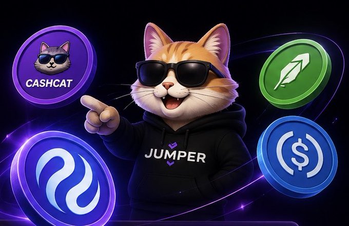A cartoon orange cat wearing sunglasses and a 'JUMPER' hoodie points outward, surrounded by crypto tokens including CashCat, Injective, and USDC.