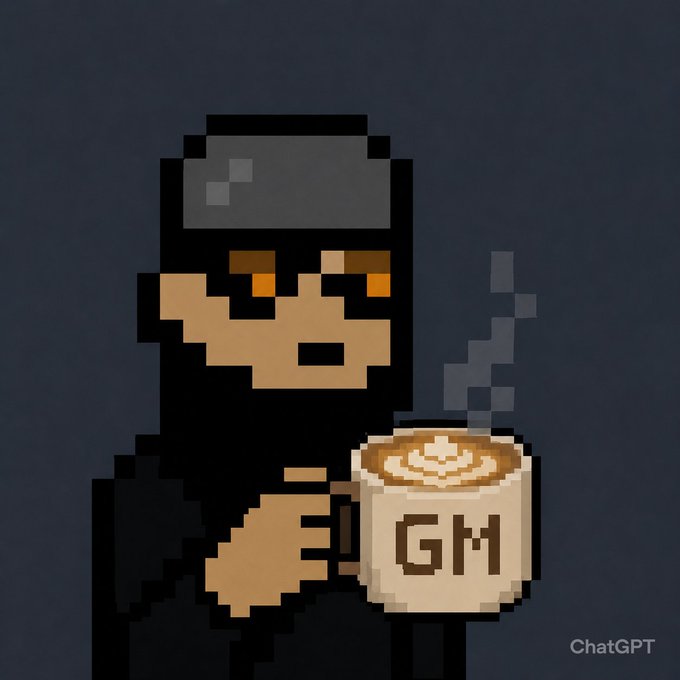 urn of coffee with a white foam top, held by a person wearing black glasses and a black hat against a dark blue background.