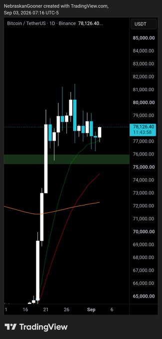 A TradingView chart of Bitcoin/USDT (Binance) on the 1-day timeframe shows BTC trading at $78,126.40, consolidating just above a highlighted green support zone around $76,000. The caption's call about $78,600 acting as a pivot toward $80K aligns with the visible price action, where Bitcoin is currently testing that level following a strong rally from ~$65K.