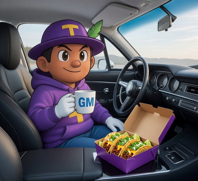 A digital illustration of a cartoon character wearing a purple hat and hoodie, sitting in a car holding a "GM" mug next to a box of tacos.