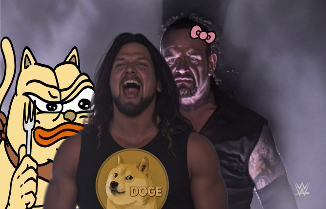 A wrestler wearing a "DOGE" shirt laughs alongside a menacing Undertaker-style figure, with a cartoon cat holding a fork and the WWE logo visible—humorously depicting the "end" of Dogecoin's dominance as a meme coin, with the Doge character symbolically defeated.