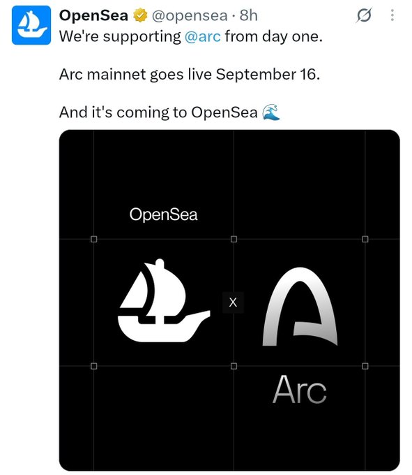 A tweet from OpenSea (@opensea) announces its support for the Arc mainnet, which launches September 16, with an accompanying graphic displaying the OpenSea sailboat logo alongside the Arc "A" logo, though the post itself promotes a separate Kobos NFT giveaway on Arc Mainnet.
