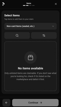 A dark-themed mobile app screen titled 'Select Items' under an 'Items' header, showing 'No items available' with a 'Continue' button at the bottom.