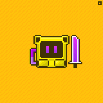 A pixel art image showing a yellow blocky character with a sword on a yellow background, featuring a small icon in the top right corner.