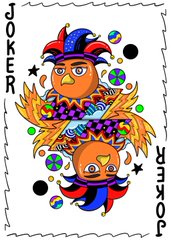 A Joker-themed postage stamp featuring two stylized jester faces with birds and stars, labeled 'JOKER' on both sides.