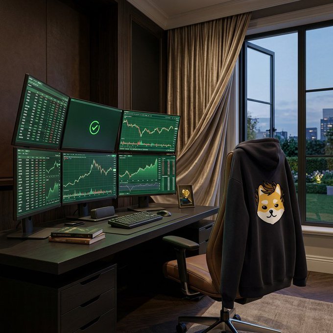 A moody home office setup featuring a multi-monitor trading desk displaying green stock charts, with a black 'Doge meme' hoodie draped over a brown leather office chair.