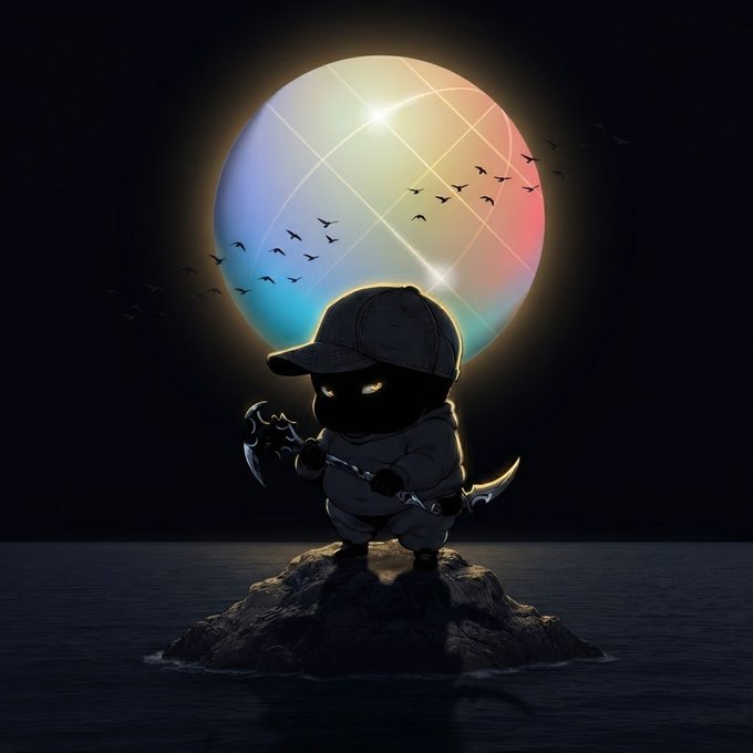 A digital artwork shows a small shadowy character wearing a cap and holding a scythe, standing on a rock in water, with a colorful reflective sphere and flying birds in the background.