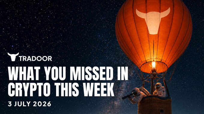 A Tradoor promotional banner reading 'WHAT YOU MISSED IN CRYPTO THIS WEEK - 3 JULY 2026' featuring a glowing orange hot air balloon with a bull logo floating in a starry night sky.