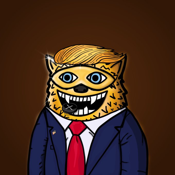 A cartoon shiba inu dog character with blonde hair, wearing a dark suit and red tie, holding an "X" token in its mouth—the meme mascot for the FUZZY token. The image ties into the post highlighting an auspicious coincidence of both Trump's 589th day as 47th President and FUZZY's own 589-day milestone falling in the same week.