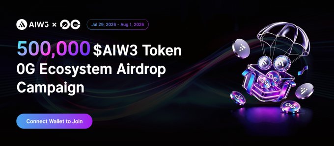 A black promotional banner announcing 'AIW3 x OG 500,000 $AIW3 Token OG Ecosystem Airdrop Campaign' running 'Jul 29, 2026 - Aug 1, 2026', with a 'Connect Wallet to Join' button and an image of a treasure chest with coins dropping from a parachute.