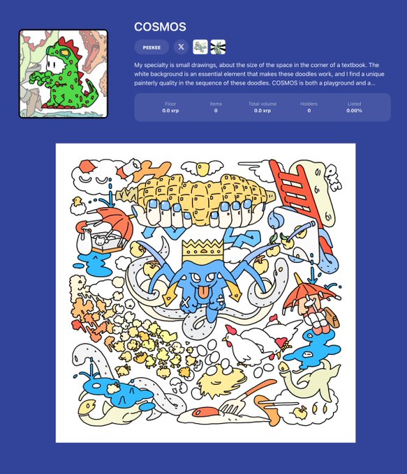 Cosmos NFT artwork from the PEEKEE collection featuring a colorful, doodle-style illustration with whimsical creatures, hands, and abstract elements on a white background, displayed on a purple-themed NFT marketplace page showing 0.0 XRP floor price.